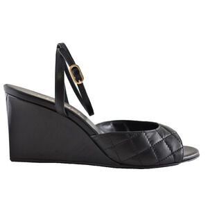 Chanel 24C Black Quilted Lambskin CC Crystal Logo Ankle Strap Sandal Wedge 38